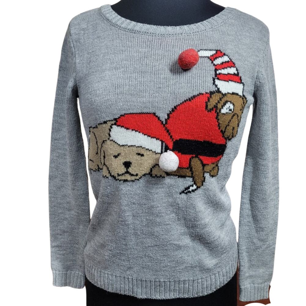 Christmas Puppy Dog Gray Sweater Size Small